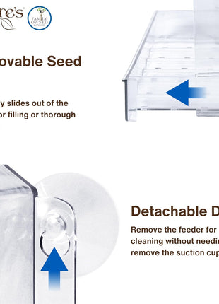 Nature's Way Win-3 Clear View Window Bird Feeder with Strong Suction Cups, Transparent Outdoor Wild Bird Seed Feeder and Décor, 2 Cup Capacity, Clear, 6.5 inch