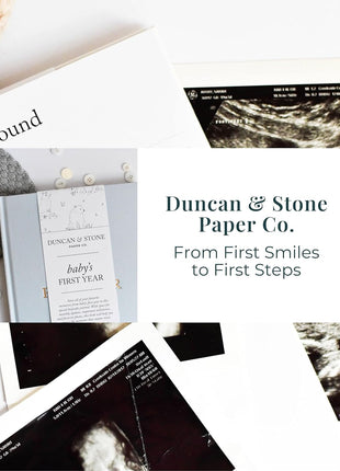 Duncan & Stone Baby Book First Year Memory Keepsake, Linen, Cream | Record milestones, photos & ultrasounds in a 112-page linen baby book; a boy or girl new mom keepsake gift