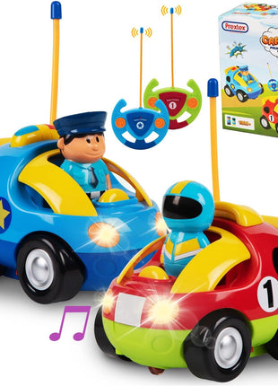 PREXTEX 2 Pack Cartoon Remote Control Cars for Toddlers - Police Car and Race Car with Steering Wheel Controllers and Lights - Different Frequencies Racing Together - Easter Toddler Gift 18+ Months.