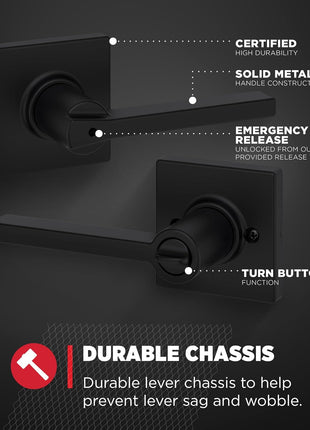 Kwikset Casey Interior Privacy Door Handle with Lock, Door Lever For Bathroom and Bedroom, Matte Black Reversible Keyless Turn Lock, with Microban Protection