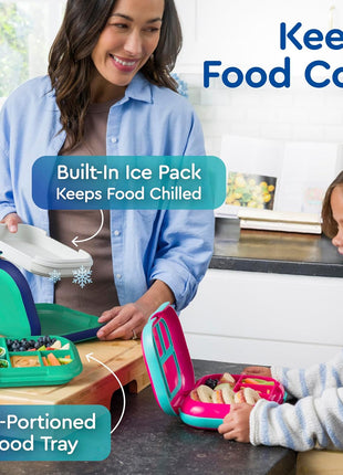 Bentgo Chill Kids 4-Compartment Bento Box Leakproof Lunch Box | Built-In Ice Pack, 3.3 Cup Capacity, BPA-Free, Microwave & Dishwasher Safe Tray, Ideal for Ages 3–7 (Green/Navy)