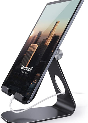 Lamicall Tablet Stand Adjustable, Tablet Stand : Desktop Stands Holder Gifts Compatible with Tablets Such as iPad 2018 Pro 9.7, 10.5, Air Mini 4 3 2, Kindle, iPhone 17 Max, E-Reader (4-13'')- Black