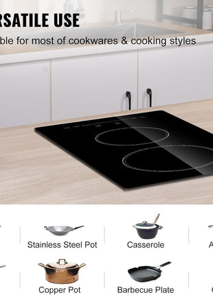 VEVOR Built in Electric Stove Top, 12 inch 2 Burners Ceramic Cooktop, Glass Radiant Cooktop with Sensor Touch Control, Timer & Child Lock Included, 9 Power Levels for Simmer Steam Slow Cook Fry,110V
