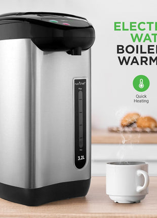 NutriChef Hot Water Urn Pot Insulated Stainless Steel,Auto & Manual Dispense,Auto Boiler,Safety Lock Shutoff 3.38 QT /3.2L   Auto Boiler Shut Off   PKWK43