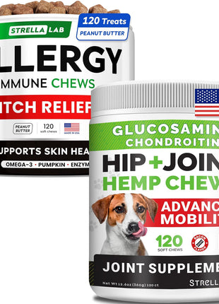 Allergy Relief + Hemp + Glucosamine Dogs Bundle - Itchy Skin Treatment + Hip Joint Pain Relief - Omega3 & Pumpkin + Chondroitin, MSM - Allergy Supplement + Advanced Mobility Hemp - 240ct - Made in USA