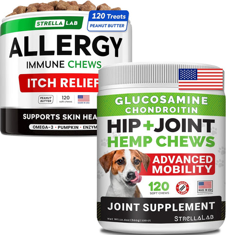 Allergy Relief + Hemp + Glucosamine Dogs Bundle - Itchy Skin Treatment + Hip Joint Pain Relief - Omega3 & Pumpkin + Chondroitin, MSM - Allergy Supplement + Advanced Mobility Hemp - 240ct - Made in USA
