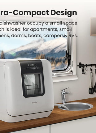 COMFEE' Countertop Dishwasher, Portable Dishwasher with 6L Built-in Water Tank, Mini Dishwasher with More Space Inside, 7 Programs, UV Hygiene& Auto Door Open, for Apartments, Dorms& RVs, White