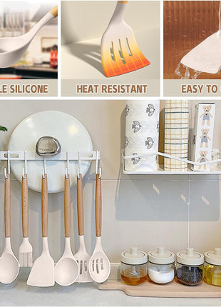 Umite Chef Kitchen Cooking Utensils Set, 33 pcs Non-Stick Silicone Cooking Kitchen Utensils Spatula Set with Holder, Wooden Handle Silicone Kitchen Gadgets Utensil Set (Khaki)