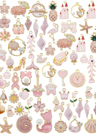 40pcs(20PAIRS) Assorted Gold Tone Enamel Animals Fruit Moon Star Dainty Dangle Flowers Pendants Charms for Jewelry Making Necklace Bracelet, Pink Theme