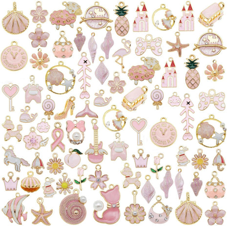 40pcs(20PAIRS) Assorted Gold Tone Enamel Animals Fruit Moon Star Dainty Dangle Flowers Pendants Charms for Jewelry Making Necklace Bracelet, Pink Theme