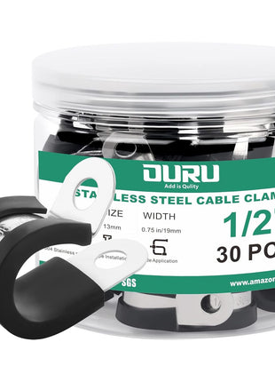 OURU 1/2 Inch Cable Clamps, Rubber Coated Insulated Clamps, 30pcs, 13mm | 304 Stainless Steel, Anti-Vibration, Rust Resistant, Secure Hold, Automotive Wire, Pipe & Tube Mounting, Cable Management