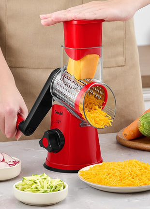 Geedel Rotary Cheese Grater, Kitchen Mandoline Vegetable Slicer with 3 Interchangeable Blades, Easy to Clean Grater for Fruit, Vegetables, Nuts