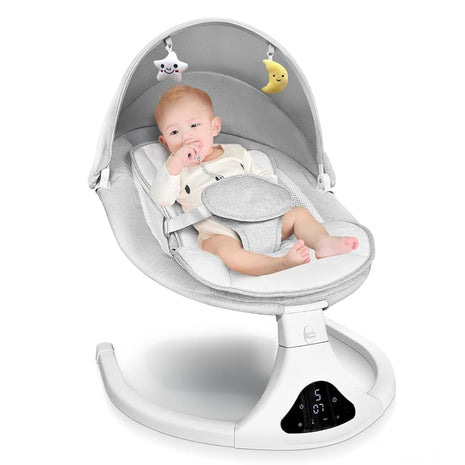 Electric Baby Swing with Remote Control,5 Speeds&Portable&Cozy(0-12M,Grey) | Safety lock&secure harness,12 melodies&Bluetooth,8/15/30min timer,lightweight indoor/outdoor,soft washable seat,easy assembly