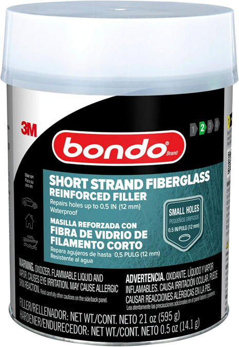 3M Bondo Short Strand Fiberglass Reinforced Filler 1.37 LB (621 g) with Bondo Cream Hardener 0.5 oz (14g), Repair Holes Up To 0.5 IN, Waterproof (SS-PT-ES)