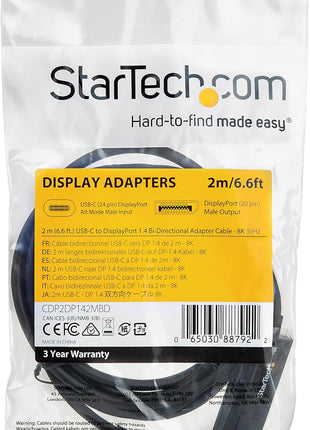 StarTech.com 6ft (2m) USB C to DisplayPort 1.4 Cable, 8K 60Hz, Bidirectional DP USB-C Video Adapter Cable for Windows, Apple M1 M2 M3 M4, USB4 Thunderbolt Compatible
