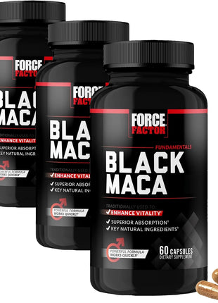 Force Factor Black Maca Root Vitality Supplement for Men with Superior Absorption and Power, Natural Maca Negra Extract, Fundamentals Series, 1000mg, 60 Capsules (Pack of 3)