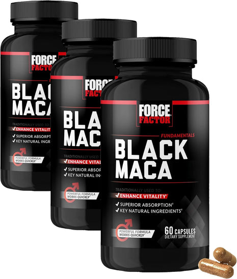 Force Factor Black Maca Root Vitality Supplement for Men with Superior Absorption and Power, Natural Maca Negra Extract, Fundamentals Series, 1000mg, 60 Capsules (Pack of 3)