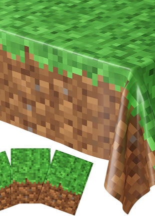 Blue Orchards Pixel Miner Table Cover (Pack of 3) - 54"x108" XL - Gamer Party Supplies, Mining Craft Party Decorations