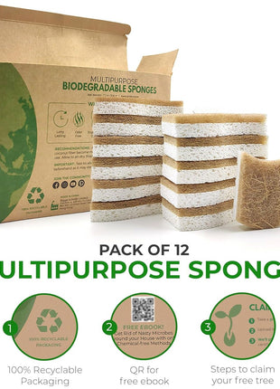 AIRNEX Natural Kitchen Sponges (12 Pack) - Biodegradable Cellulose & Coconut Scrubber Dish Sponges for Kitchen - Eco-Friendly, Non Scratch, Compostable, Non Toxic S-Shaped Natural Sponges for Dishes