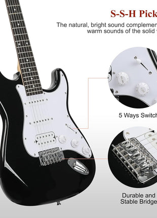SAYHA Electric Guitar, 39 Inch Solid Full size Electric Guitar HSS Pickups Starter Kit Includes Amplifier, Bag, Digital Tuner, Strap, String, Cable, Picks Black