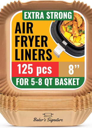 Air Fryer Paper Liners, 125Pcs Air Fryer Disposable Liners | Non-Stick and Oil Proof for Easy Cleanup, 8" Square for 5-8 qt Basket by Baker's Signature