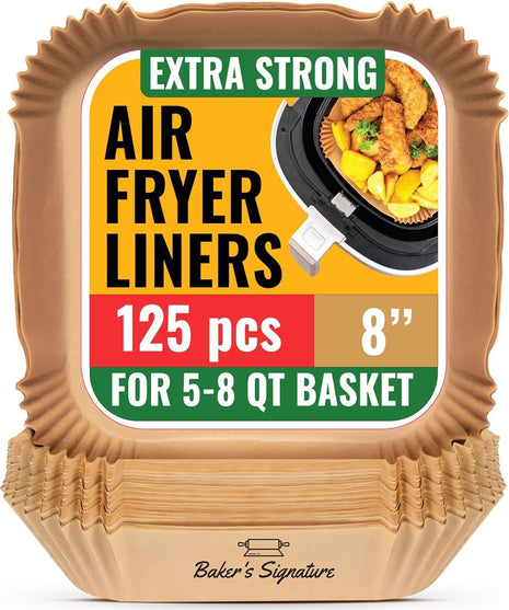 Air Fryer Paper Liners, 125Pcs Air Fryer Disposable Liners | Non-Stick and Oil Proof for Easy Cleanup, 8" Square for 5-8 qt Basket by Baker's Signature
