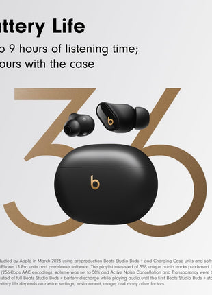 Beats Studio Buds + | True Wireless Noise Cancelling Earbuds, Enhanced Apple & Android Compatibility, Built-in Microphone, Sweat Resistant Bluetooth Headphones, Spatial Audio - Black/Gold