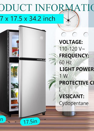 3.5 Cu.Ft Refrigerator with Freezer, 2 Doors Fridge with Adjustable Thermostat Control, Refrigerator for Kitchen, Dorm, Apartment, Garage, Office, Silver