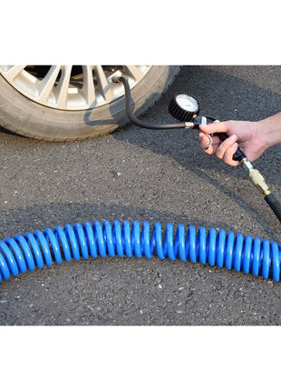 YOTOO Polyurethane Recoil Air Hose, Air Compressor Hose 1/4" Inner Diameter by 25' Long with Bend Restrictor, 1/4" Industrial Quick Coupler and Plug, Blue