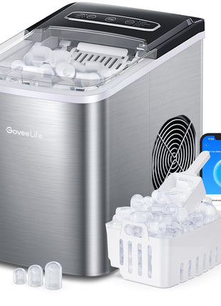 GoveeLife Smart Countertop Ice Makers, Portable Ice Maker Machine with Self-Cleaning, 6 Mins 9 Bullet Ice, 26lbs/24Hrs, Voice Remote for Home Kitchen Party Camping, with Ice Scoop Stainless Silver