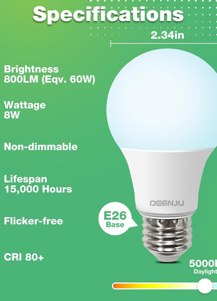 DEGNJU LED Light Bulbs Daylight 5000K, 60 Watt Equivalent LED Bulbs, A19 Standard Bulbs, 800 LM, 15000 Hours, E26 Base, Non-Dimmable, 8W LED Bulbs for Bedroom Living Room 24 Pack
