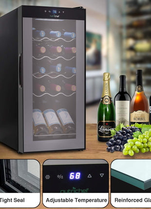 NutriChef Compressor Refrigerator White & Red Chiller Countertop Cooler-Freestanding Compact Mini Wine 15 Bottle Capacity, Digital, Glass Door, Black, Quiet Operation Fridge Touch Temperature Control