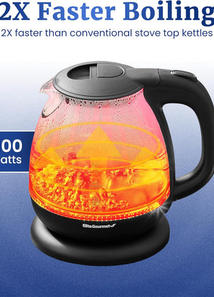 Elite Gourmet EKT1001 1.0L Glass Kettle, 1100W, Cordless Base, Black | BPA-Free Glass, Blue LED Interior, 360° Base, Auto Shut-Off Function, Quickly Boil Water for Tea & More