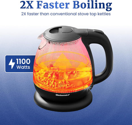 Elite Gourmet EKT1001 1.0L Glass Kettle, 1100W, Cordless Base, Black | BPA-Free Glass, Blue LED Interior, 360° Base, Auto Shut-Off Function, Quickly Boil Water for Tea & More