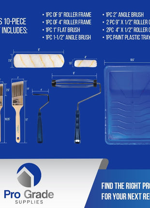 Pro Grade Paint Roller Kit, Paint Brushes, 4" & 9" Roller Covers for Walls | 10-piece set includes 2 frames & tray | Interior & exterior | Ceilings & trim | Smooth to semi-rough surfaces