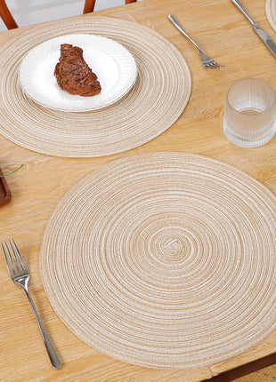 SHACOS 15 inch Round Braided Placemats Set of 6 Non Slip Heat Resistant Cotton Polyester Table Mats Washable Place Mats for Kitchen Dining Party Table Decor (Beige, 6)