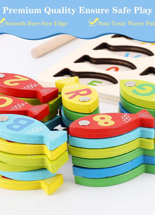 Magnetic Wooden Fishing Game Toy for Preschoolers, Alphabet Fish Catching Counting Games Puzzle with Numbers and Letters, Preschool Learning ABC and Math Educational Toys for 3 4 5 Years Old Kids