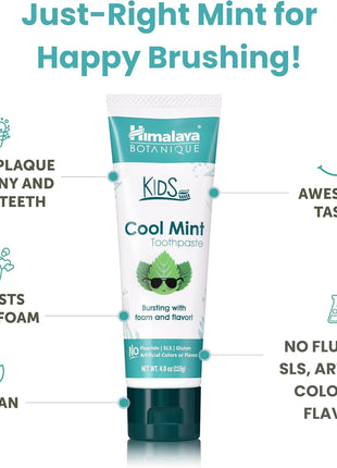 Himalaya Botanique Kids Toothpaste, Cool Mint, Fluoride-Free, Gentle, No Artificial Colors, SLS Free, Gluten Free, Cruelty Free, Vegan, Foaming, 4 Oz, 1 Pack…