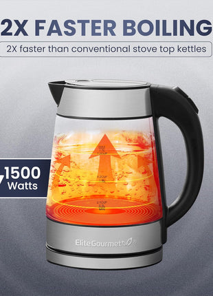 Elite Gourmet EKT-602 BPA-Free Electric Glass Kettle, Cordless 360° Base | Stylish Blue LED Interior, Auto Shut-Off Function, Quickly Boil Water for Tea & More