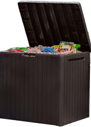 Keter City 30 Gallon Resin Outdoor Storage Box and Patio Furniture Side Table for Pool and Garden Accessories, Brown