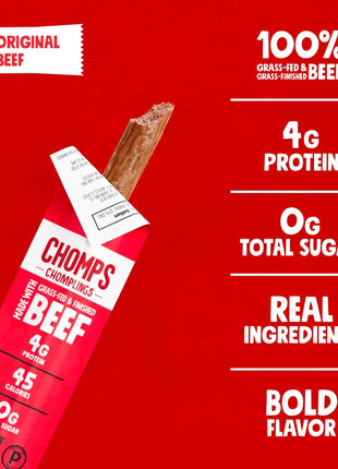 Chomps Snack Size Grass-Fed Original Beef Jerky Snack Sticks 0.5oz 24-Pack - Keto, Paleo, Whole30, 4g Lean Meat Protein, Gluten-Free, Zero Sugar Food, Non-GMO Chomplings