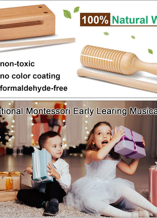 LOOIKOOS Montessori Natural Wooden Musical Instruments Set for Toddlers Preschool Educational Percussion Toys with Storage Bag, Safe Early Learning Toys for Boys Girls (3+)