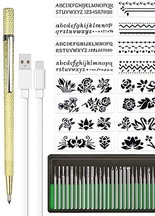 Rechargeable cordless Electric Micro Engraver Pen Mini DIY Engraving Tool Kit for Metal Glass Ceramic Plastic Wood Jewelry with 30 Bits and 16 Stencils and 1 Scriber Pen