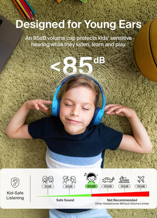 Belkin SoundForm Mini - Wireless Bluetooth Kids Headphones, 30H Battery, 85dB Safe Volume Limit, Built-in Microphone - Toddler On-Ear Earphones for iPhone, iPad - Ideal for School - Blue w/Case