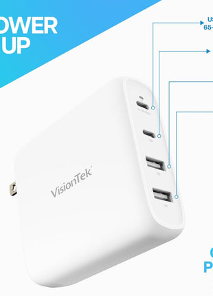 VisionTek 100W 4-Port USB-C Wall Charger, GaN Fast Charge, Foldable Plug | USB-C/USB-A PD Safe Fast Charging, GaN, Compact & Foldable Design, Travel Adapter, Universal Power Laptops, Tablets, Phones