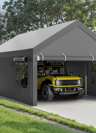 Walsunny Carport, 12x20 ft Heavy Duty Carport Canopy with Roll-up Windows, Portable Garage with Removable Sidewalls & Doors, Car Canopy with All-Season Tarp for Car, Truck, Boat