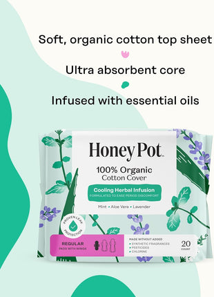 The Honey Pot Company   Herbal Sanitary Pads for Women   Regular Flow w/Wings   Infused w/Essential Oils for Cooling Effect & Organic Cotton Cover   Feminine Care   20 ct