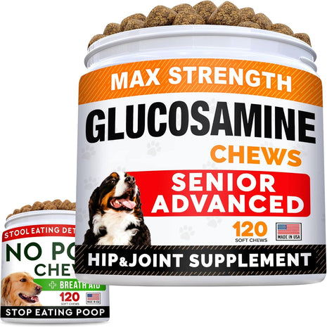 Senior Advanced Glucosamine Joint Supplement + No Poo Treats Bundle - Hip & Joint Pain Relief + Coprophagia Stool Eating Deterrent - Omega-3, Chondroitin, MSM + Probiotics & Digestive Enzymes - 240Ct