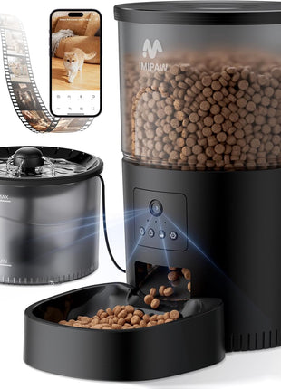 IMIPAW Automatic Cat Feeder with Camera and Water Fountain, HD AI Pet Recognition, APP Remote Control, Timed Food Dispenser, Two-Way Audio, Night Vision Function, 3L Fountains for Drinking with Filter