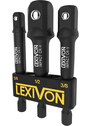 LEXIVON Impact Grade Socket Adapter Set, 3" Extension Bit With Holder | 3-Piece 1/4", 3/8", and 1/2" Drive, Adapt Your Power Drill To High Torque Impact Wrench (LX-101)
